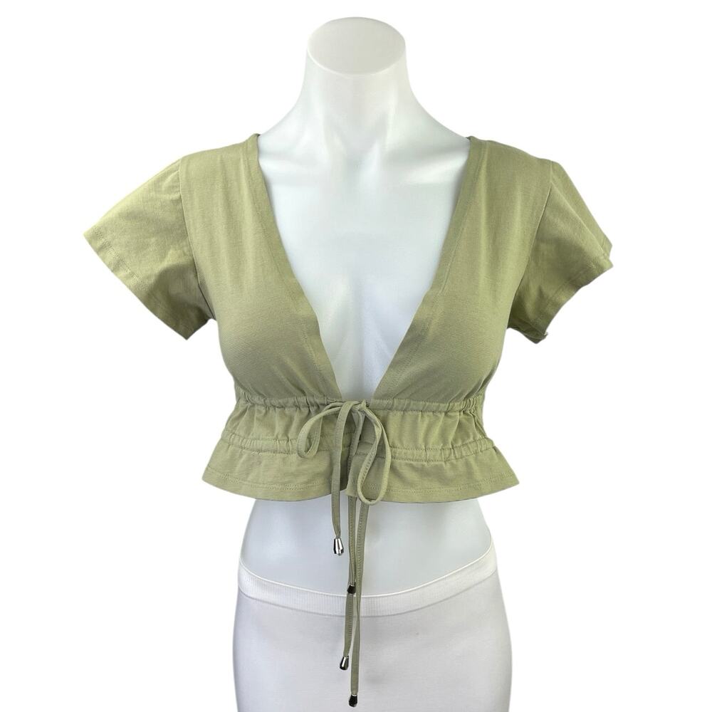 Princess Polly Green Short Sleeve Tie Waist Peplum Cardian Blouse Crop Top Sz 2